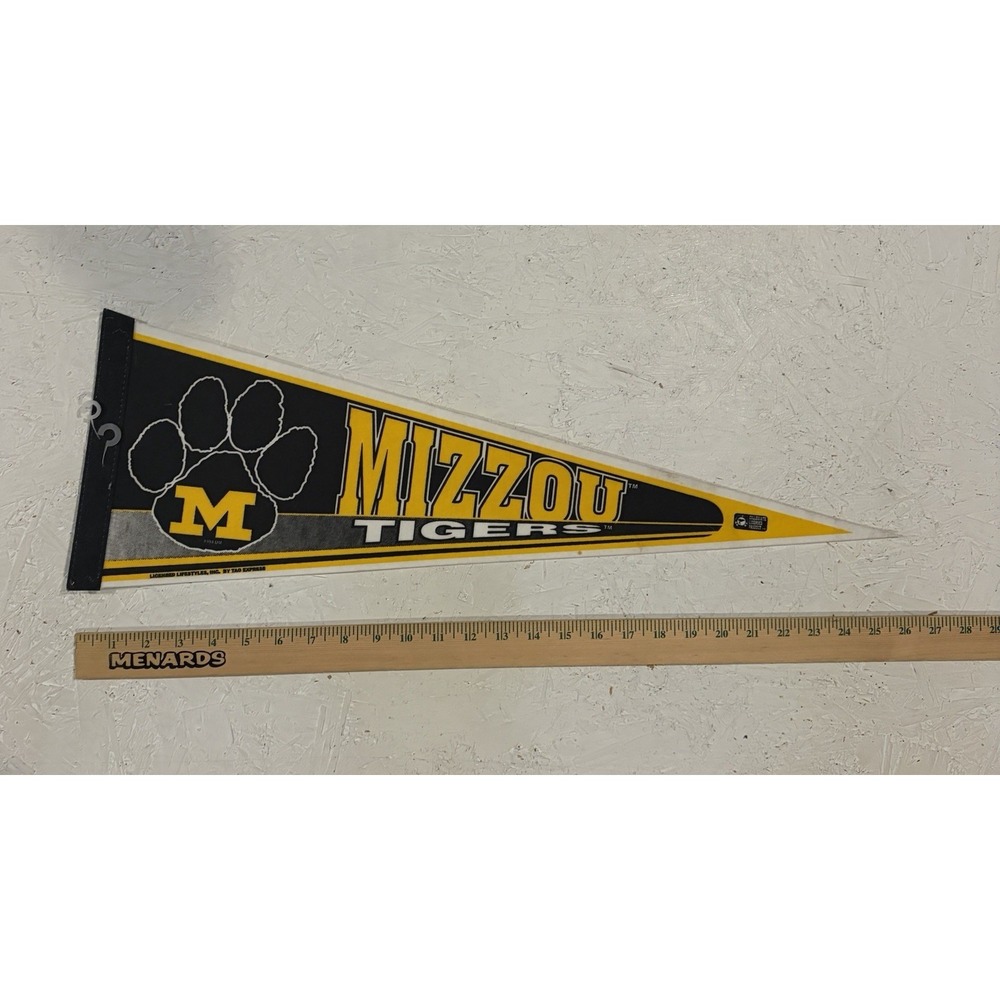 Vintage 90s Mizzou Missouri Tigers Pennant Flag College Black White Gold